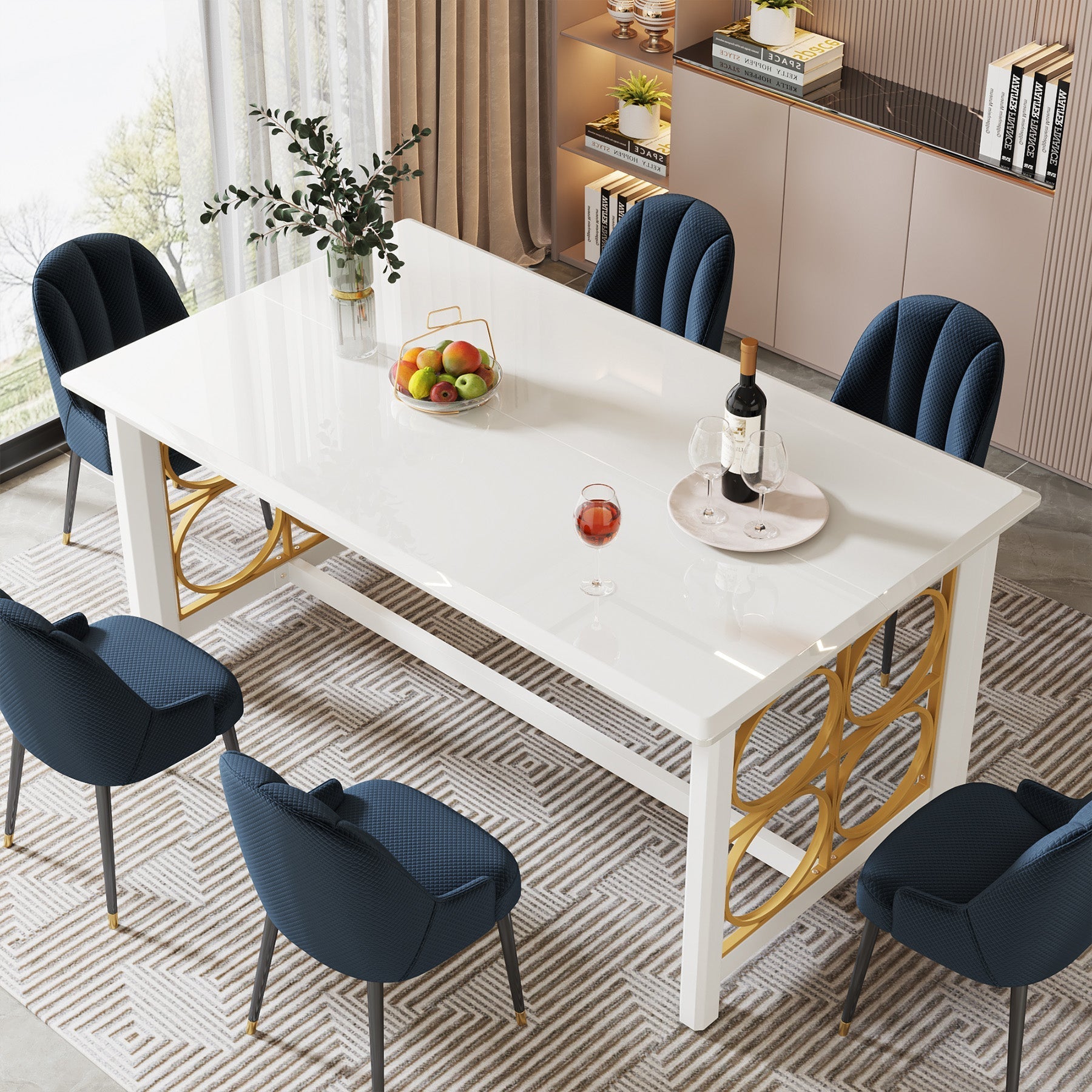 63” Dining Table with Gold Metal & Glossy Surface for 4-6 People Tribesigns